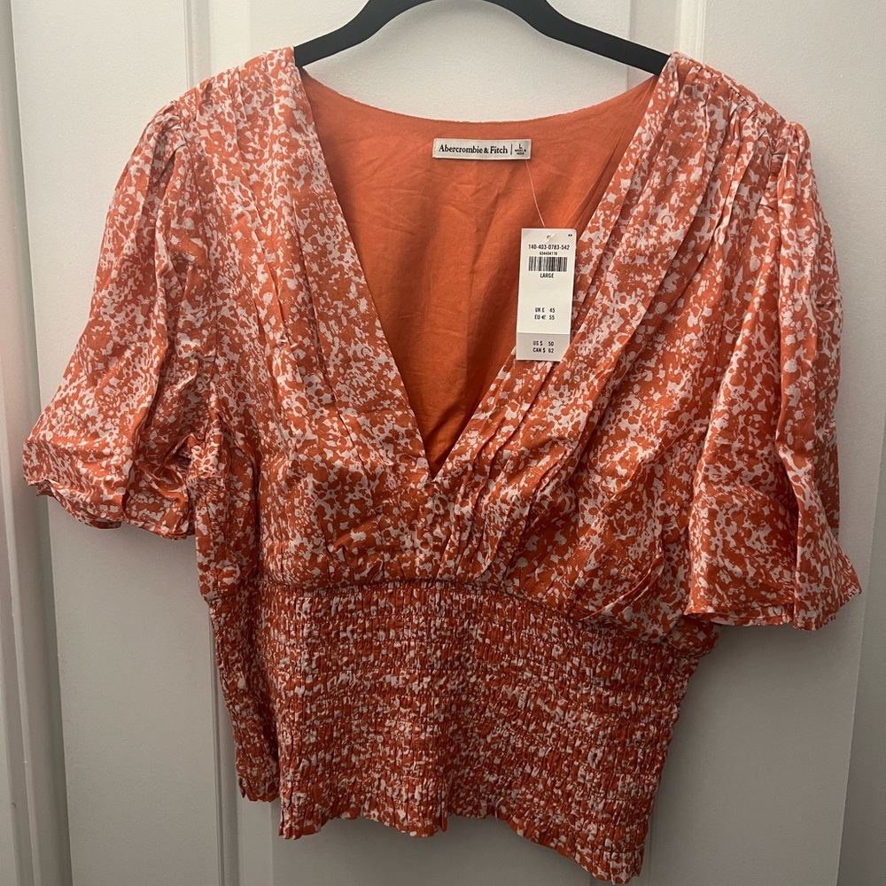 Abercrombie & Fitch Orange and White Printed V-Neck Smocked Waist Top